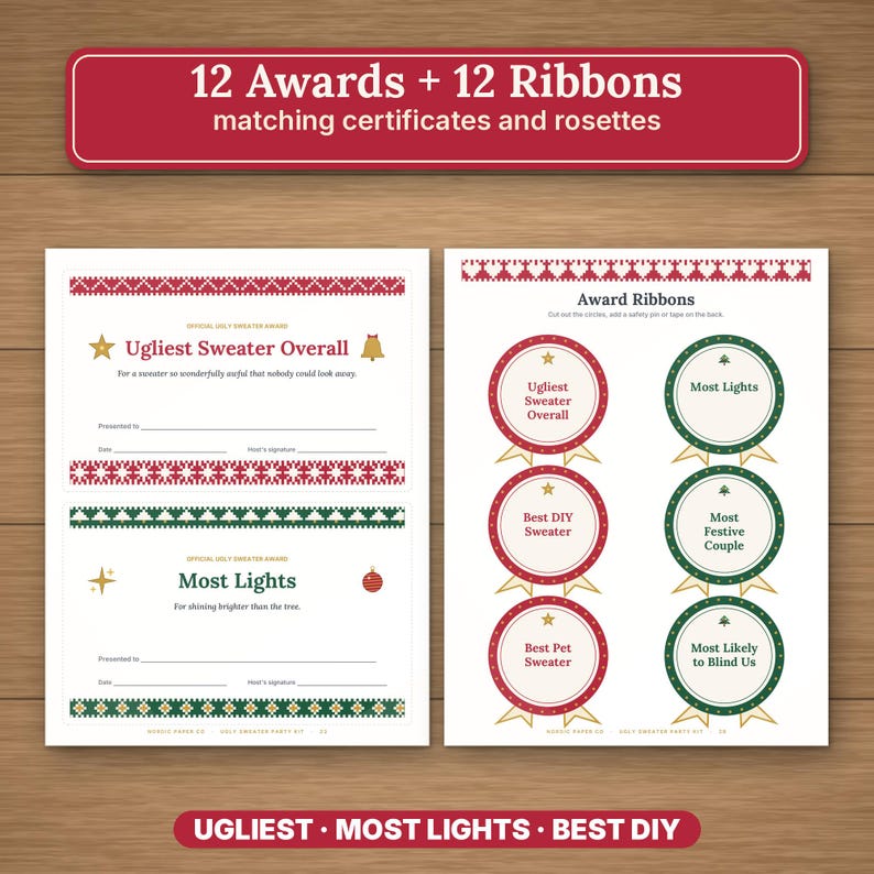 Kit imprimible para fiesta de suéteres navideños feos, boletas para concursos, premios, bingo e invitaciones. imagen 5