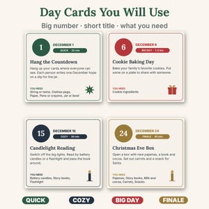 May include: Four square activity cards titled Day Cards You Will Use. Each card features a large number, a date, a time estimate, a title, instructions, and a list of needed items. The cards are color-coded in green, red, dark blue, and gold.
