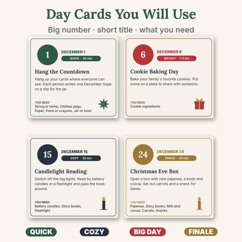 May include: Four square activity cards titled Day Cards You Will Use. Each card features a large number, a date, a time estimate, a title, instructions, and a list of needed items. The cards are color-coded in green, red, dark blue, and gold.