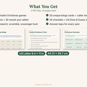 May include: A digital download set featuring 2 PDF files with 34 pages each, including 17 printable Christmas games like bingo, trivia, charades, word search, and scavenger hunt. Includes answer keys, US Letter 8.5 x 11 in, and A4 21 x 29.7 cm sizes.