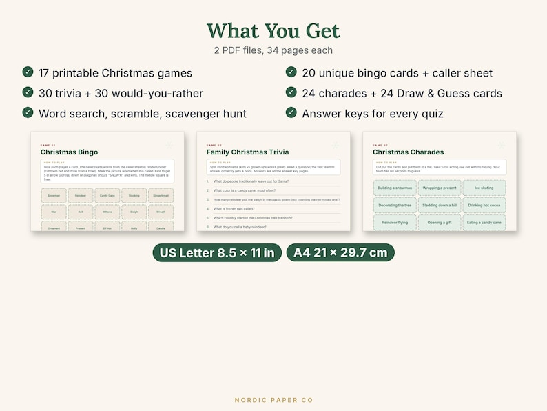 May include: A digital download set featuring 2 PDF files with 34 pages each, including 17 printable Christmas games like bingo, trivia, charades, word search, and scavenger hunt. Includes answer keys, US Letter 8.5 x 11 in, and A4 21 x 29.7 cm sizes.