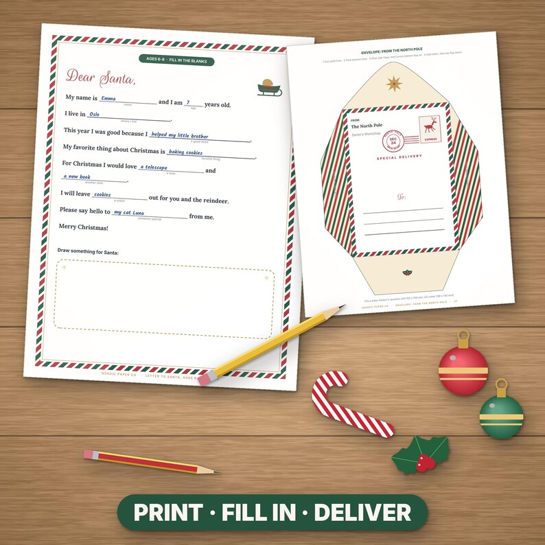 Puede incluir: Una plantilla imprimible de carta a Santa y un sobre a juego con bordes de rayas rojas y verdes. La carta incluye l&iacute;neas para rellenar y un recuadro para dibujar. Se incluyen dos l&aacute;pices amarillos, dos adornos redondos, un bast&oacute;n de caramelo y acebo.