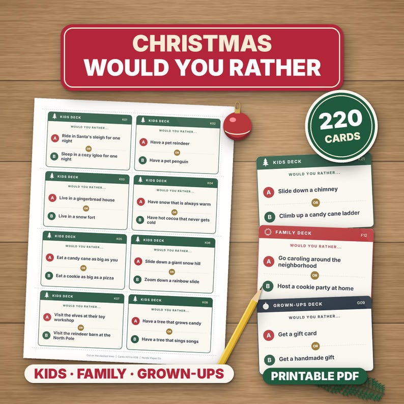Christmas Would You Rather Game, Printable PDF, 220 Cards for Kids, Family & Adults image 1