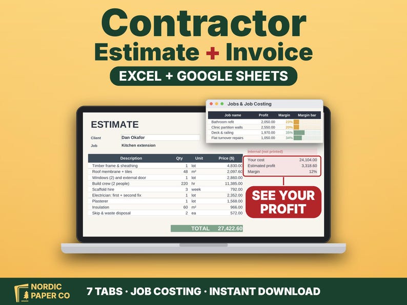 May include: A laptop screen displays a Contractor Estimate and Invoice template for Excel and Google Sheets. The document shows columns for description, quantity, unit, and price, with a pop-up window for Jobs and Job Costing and a red box labeled SEE YOUR PROFIT.