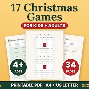 May include: A collection of 17 Christmas games for kids and adults, including printable PDF sheets for charades, bingo, and trivia. The set features 34 pages with answer keys, compatible with A4 and US Letter paper sizes, by Nordic Paper Co.