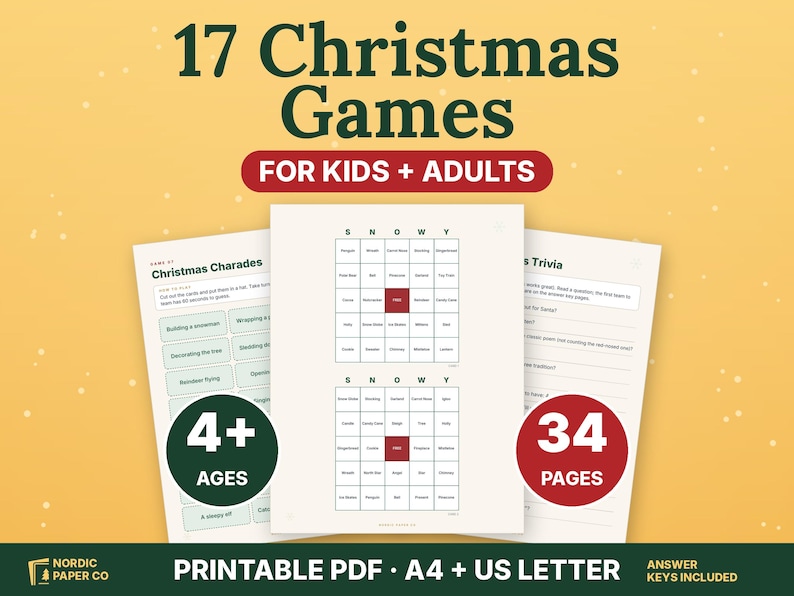 May include: A collection of 17 Christmas games for kids and adults, including printable PDF sheets for charades, bingo, and trivia. The set features 34 pages with answer keys, compatible with A4 and US Letter paper sizes, by Nordic Paper Co.