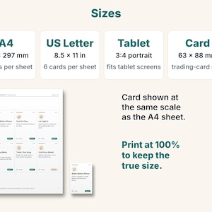 May include: An informational graphic titled Sizes displaying A4 210 x 297 mm, US Letter 8.5 x 11 in, Tablet 3:4 portrait, and Card 63 x 88 mm formats. It shows a printable sheet with six cards and one individual card, with text instructions to print at 100%.