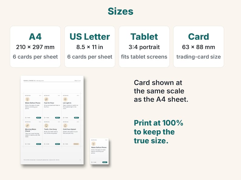 May include: An informational graphic titled Sizes displaying A4 210 x 297 mm, US Letter 8.5 x 11 in, Tablet 3:4 portrait, and Card 63 x 88 mm formats. It shows a printable sheet with six cards and one individual card, with text instructions to print at 100%.