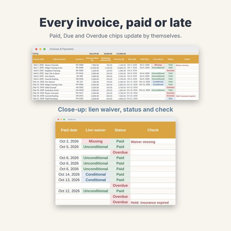 Subcontractor Payment Tracker Spreadsheet, Retainage Log & Lien Waiver Tracker image 4