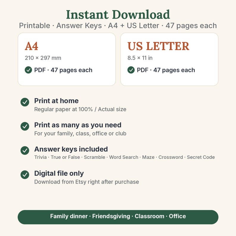 May include: An instant download digital file listing featuring printable answer keys in A4 and US Letter sizes. Includes 47 pages each, print-at-home instructions, and game types like trivia, true or false, scramble, word search, maze, crossword, and secret code.