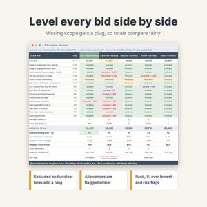 Contractor Bid Comparison Template, Construction Bid Leveling Spreadsheet, Quote Sheet image 4