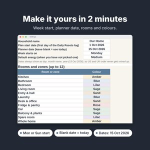Może przedstawiać: Cyfrowy interfejs ustawień zatytułowany Make it yours in 2 minutes. Zawiera pola dla nazwy gospodarstwa domowego, daty rozpoczęcia, daty planisty, początku tygodnia i energii, oraz tabelę pomieszczeń i stref z przypisanymi kolorami.