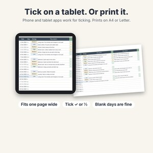 Może przedstawiać: Cyfrowy harmonogram sprzątania wyświetlony na tablecie oraz wydrukowany arkusz A4 lub Letter. Tekst brzmi: Tick on a tablet. Or print it. Phone and tablet apps work for ticking. Fits one page wide. Tick or 1/2. Blank days are fine.