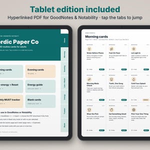 May include: Two digital tablet screens displaying a Nordic Paper Co ADHD routine card set. The interface features hyperlinked tabs for Morning, Evening, Low+Reset, Energy, and Tracker sections, with text instructions for GoodNotes and Notability.