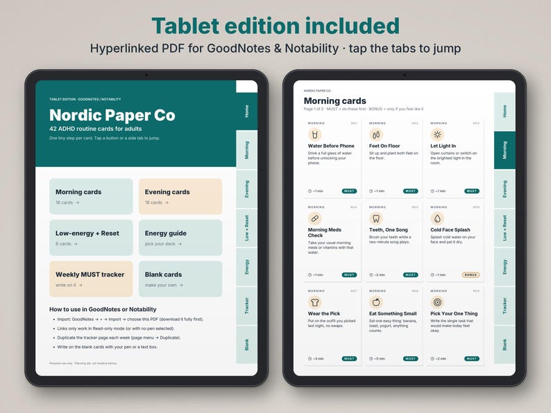 May include: Two digital tablet screens displaying a Nordic Paper Co ADHD routine card set. The interface features hyperlinked tabs for Morning, Evening, Low+Reset, Energy, and Tracker sections, with text instructions for GoodNotes and Notability.