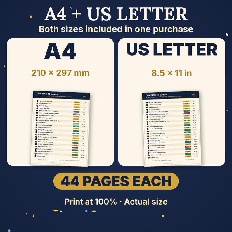May include: A digital game bundle featuring 44 pages of content in both A4 (210 x 297 mm) and US Letter (8.5 x 11 in) formats. The document lists 24 games including My 2025 Year in Review, trivia, word searches, and scavenger hunts.