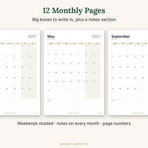 May include: Three calendar pages for the year 2027, showing January, May, and September. Each page features a grid with large daily boxes, shaded weekend columns, and a lined notes section at the bottom. The text includes 12 Monthly Pages, Big boxes to write in, plus a notes section, Weekends shaded, notes on every month, page numbers, and Nordic Paper Co.