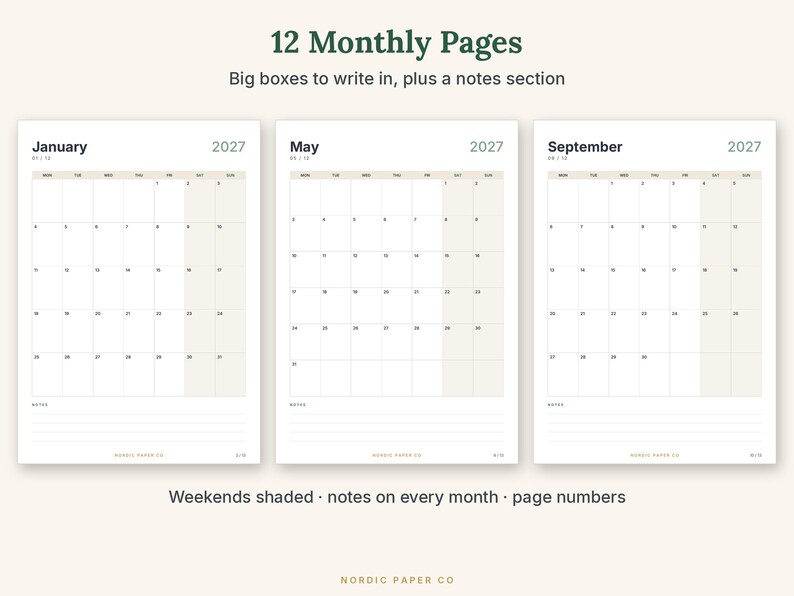 May include: Three calendar pages for the year 2027, showing January, May, and September. Each page features a grid with large daily boxes, shaded weekend columns, and a lined notes section at the bottom. The text includes 12 Monthly Pages, Big boxes to write in, plus a notes section, Weekends shaded, notes on every month, page numbers, and Nordic Paper Co.