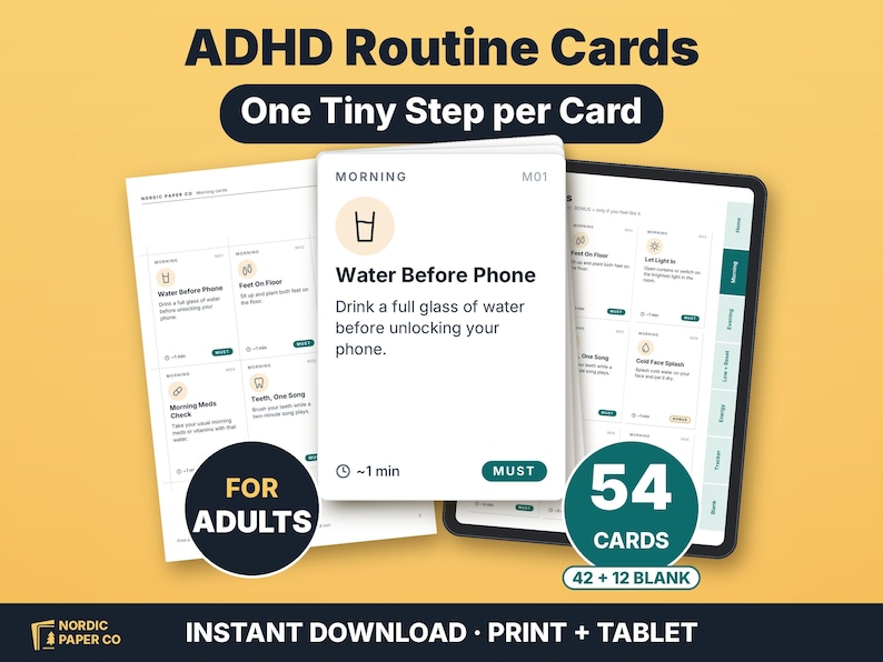 May include: ADHD Routine Cards set featuring 54 cards, including 42 printed and 12 blank. The cards display the text 'Morning', 'Water Before Phone', and 'Drink a full glass of water before unlocking your phone' with a glass icon.