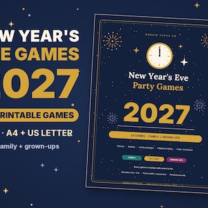 May include: A set of 24 printable New Year's Eve 2027 party games in PDF format, available in A4 and US Letter sizes. The dark blue document features a gold clock, fireworks, and text including New Year's Eve Party Games 2027, Family + Grown-ups, and game categories like trivia, bingo, and challenges.