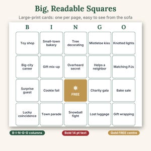 May include: A bingo card with the title Big, Readable Squares and the subtitle Large-print cards: one per page, easy to see from the sofa. The grid features B-I-N-G-O columns, a gold center square labeled FREE, and bold 14 pt text.