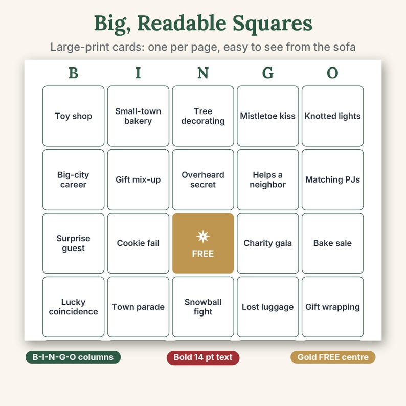 May include: A bingo card with the title Big, Readable Squares and the subtitle Large-print cards: one per page, easy to see from the sofa. The grid features B-I-N-G-O columns, a gold center square labeled FREE, and bold 14 pt text.