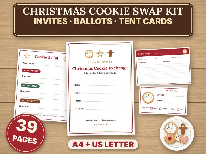 Christmas Cookie Exchange Kit, Printable Cookie Swap Party Invites, Ballots, Recipe Cards, Tent Cards image 1