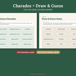 May include: A printable game set titled Charades + Draw & Guess featuring two sheets with instructions and cut-out cards. The Christmas Charades sheet has light green cards, while the Draw & Guess sheet has light beige cards.