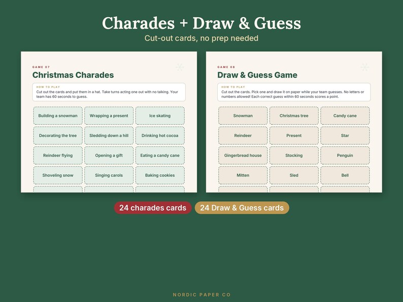 May include: A printable game set titled Charades + Draw & Guess featuring two sheets with instructions and cut-out cards. The Christmas Charades sheet has light green cards, while the Draw & Guess sheet has light beige cards.