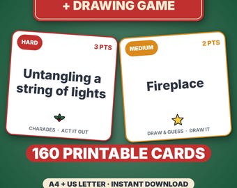 Christmas Charades Printable Party Game, 160 Act It Out and Draw & Guess Cards for Kids and Adults