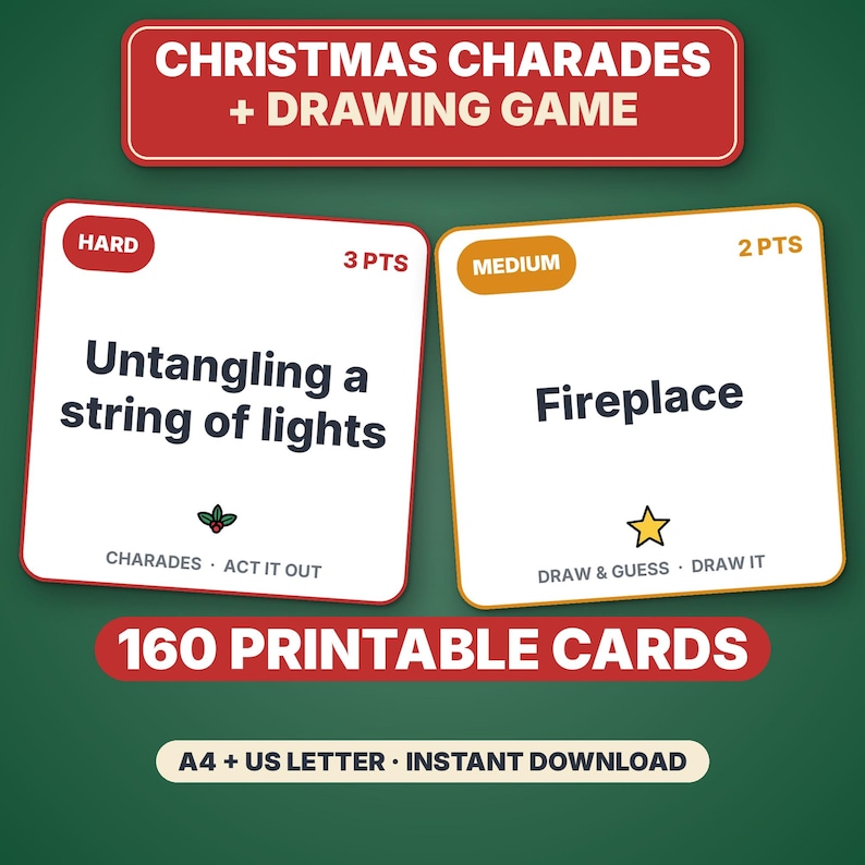 Christmas Charades Printable Party Game, 160 Act It Out and Draw & Guess Cards for Kids and Adults image 1
