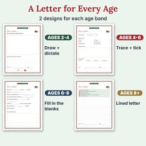 Puede incluir: Un conjunto de cuatro plantillas de cartas para Santa Claus, categorizadas por grupos de edad 2-4, 4-6, 6-8 y 8+. Cada plantilla presenta un borde rojo y verde, el texto "Dear Santa" y consignas espec&iacute;ficas como dibujar, trazar o rellenar espacios.