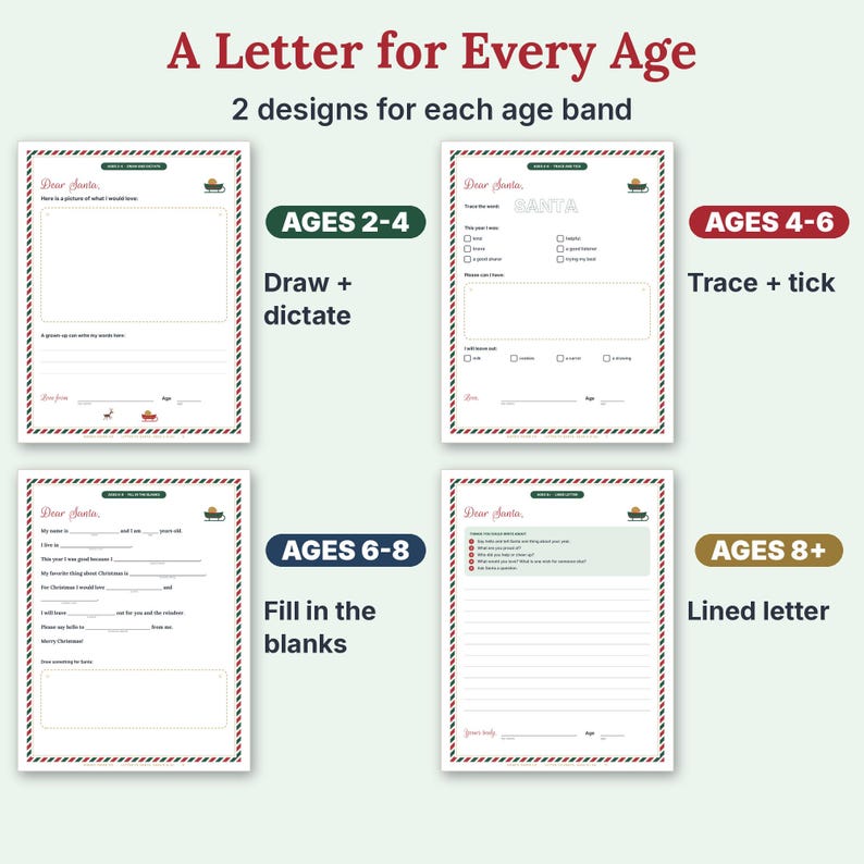 Puede incluir: Un conjunto de cuatro plantillas de cartas para Santa Claus, categorizadas por grupos de edad 2-4, 4-6, 6-8 y 8+. Cada plantilla presenta un borde rojo y verde, el texto "Dear Santa" y consignas espec&iacute;ficas como dibujar, trazar o rellenar espacios.
