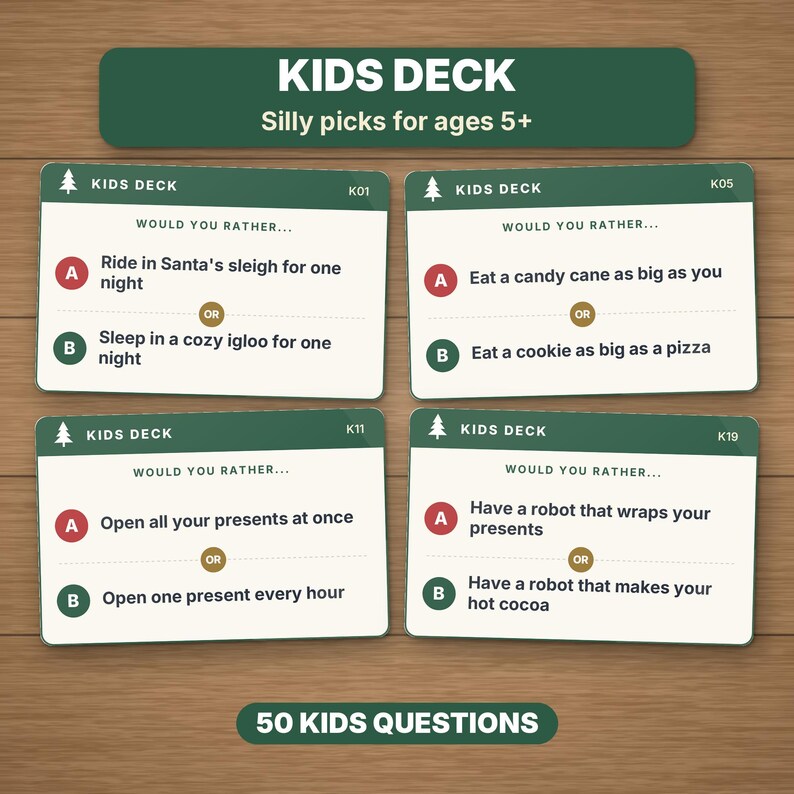 Christmas Would You Rather Game, Printable PDF, 220 Cards for Kids, Family & Adults image 3