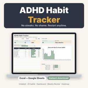 May include: A digital ADHD Habit Tracker displayed on a laptop screen, featuring a dashboard with progress bars, a bar chart for daily completion, and habit lists. The text reads ADHD Habit Tracker, No streaks. No shame. Restart anytime.