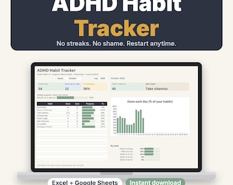May include: A digital ADHD Habit Tracker displayed on a laptop screen, featuring a dashboard with progress bars, a bar chart for daily completion, and habit lists. The text reads ADHD Habit Tracker, No streaks. No shame. Restart anytime.