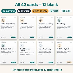 May include: A set of 42 activity cards plus 12 blank cards, categorized into morning, evening, low-energy, and reset routines. Each card features a simple icon, a title, a brief instruction, a time estimate, and a must or bonus label.