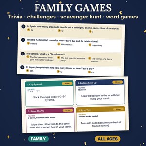 May include: A set of family game cards featuring trivia questions about New Year's traditions and instructions for physical challenges like Cup Pyramid, Balloon Keep-Up, Spoon Shuffle, and Sock Toss, with text for all ages.
