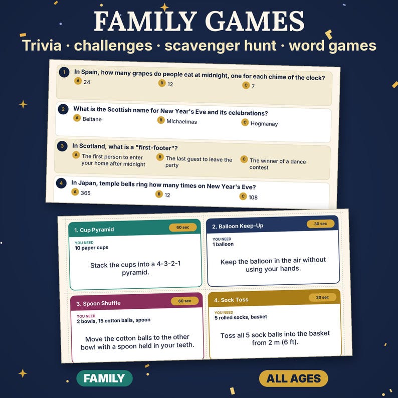 May include: A set of family game cards featuring trivia questions about New Year's traditions and instructions for physical challenges like Cup Pyramid, Balloon Keep-Up, Spoon Shuffle, and Sock Toss, with text for all ages.