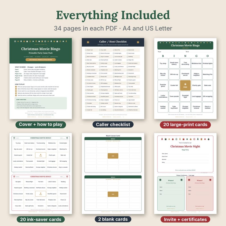 May include: A printable Christmas Movie Bingo party game pack featuring 34 pages in A4 and US Letter sizes. Includes a cover page with instructions, a caller checklist, 20 large-print cards, 20 ink-saver cards, 2 blank cards, and party invites with winner certificates.