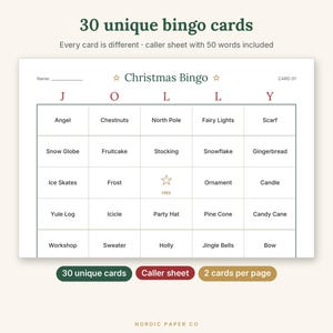 Pode incluir: Uma cartela de jogo de bingo de Natal com uma grade exibindo as letras J O L L Y em vermelho. A grade cont&eacute;m palavras tem&aacute;ticas como Angel, Snow Globe e Jingle Bells, com um espa&ccedil;o de estrela central. Texto: 30 unique bingo cards.