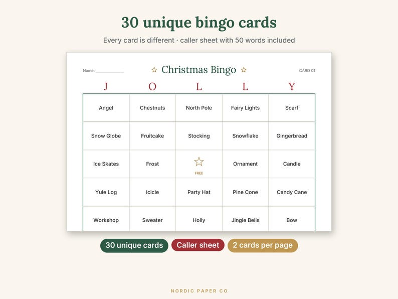 Pode incluir: Uma cartela de jogo de bingo de Natal com uma grade exibindo as letras J O L L Y em vermelho. A grade cont&eacute;m palavras tem&aacute;ticas como Angel, Snow Globe e Jingle Bells, com um espa&ccedil;o de estrela central. Texto: 30 unique bingo cards.