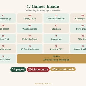 May include: A digital game collection titled 17 Games Inside, featuring a list of activities including Christmas Bingo, Family Trivia, Would You Rather, Scavenger Hunt, Word Search, Word Scramble, Charades, Draw & Guess, This or That, Finish the Carol, Categories, Silly Story, Roll a Snowman, 60-Sec Challenges, Pass the Gift, Guess How Many, and Wish & Thanks, with bonus answer keys, 34 pages, 20 bingo cards, and 48 cut-out cards.