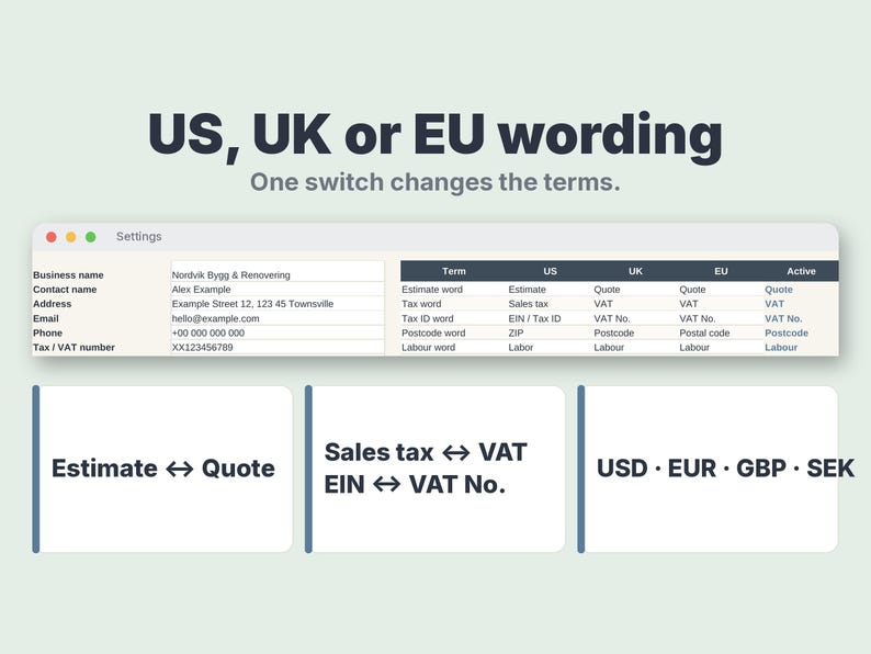 May include: A software interface display titled US, UK or EU wording with a settings window showing business contact fields and a table comparing terms like Estimate, Quote, Sales tax, VAT, EIN, VAT No., ZIP, Postcode, and Labour.