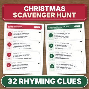 Christmas Scavenger Hunt Printable for Kids, 32 Rhyming Clue Cards, Indoor + Outdoor, Ages 3-12
