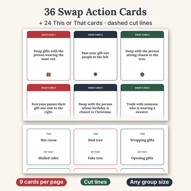 May include: A set of 36 Swap Action Cards and 24 This or That cards with dashed cut lines. The cards feature text instructions for a gift exchange game, including prompts like Swap gifts with the person wearing the most red and This or That choices.