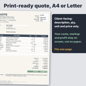 May include: A print-ready quote document for A4 or Letter paper, featuring a detailed table with columns for type, description, quantity, unit, and price. A dark box next to it displays text about client-facing information and page fit.