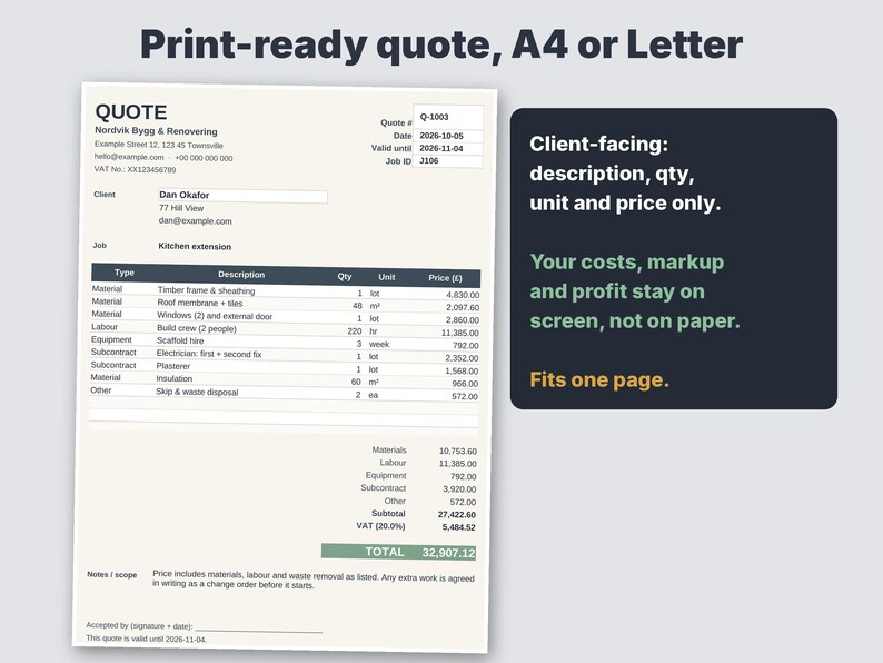 May include: A print-ready quote document for A4 or Letter paper, featuring a detailed table with columns for type, description, quantity, unit, and price. A dark box next to it displays text about client-facing information and page fit.