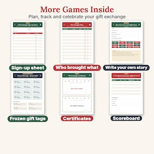May include: A collection of six printable game sheets for gift exchanges, featuring headers like More Games Inside, Sign-up sheet, Who brought what, Write your own story, Frozen gift tags, Certificates, and Scoreboard in red, green, and cream colors.