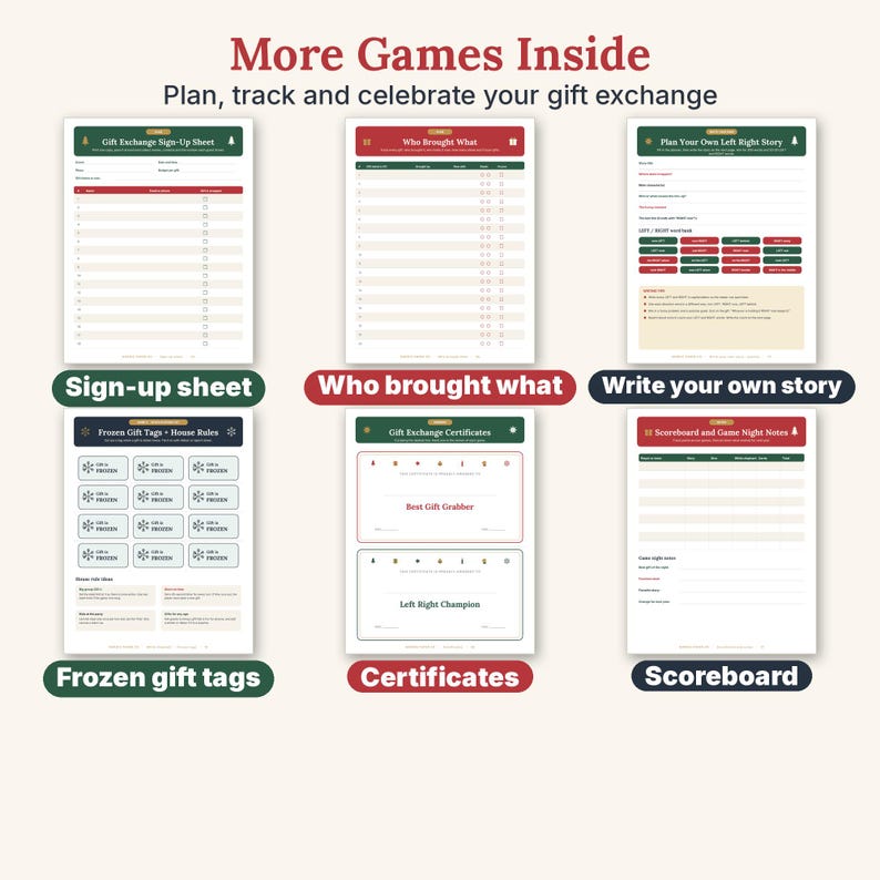 May include: A collection of six printable game sheets for gift exchanges, featuring headers like More Games Inside, Sign-up sheet, Who brought what, Write your own story, Frozen gift tags, Certificates, and Scoreboard in red, green, and cream colors.